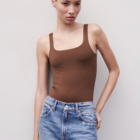 Zara fitted stretching bodysuit square neckline,brown, designer - Picture 9 of 12